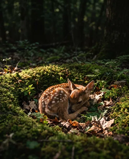 Spotted Fawn Sleeping in Mossy Forest