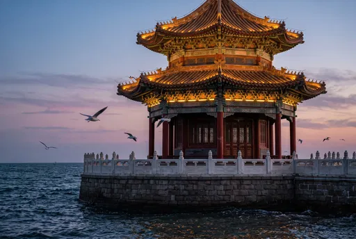 Illuminated Chinese Pavilion At Twilight By Sea