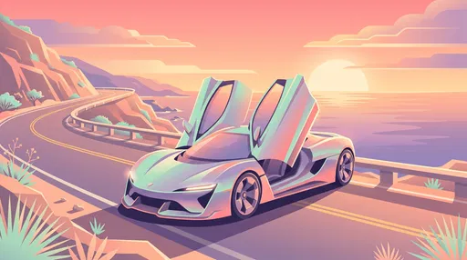 Pastel Illustration of Hypercar on Coastal Highway
