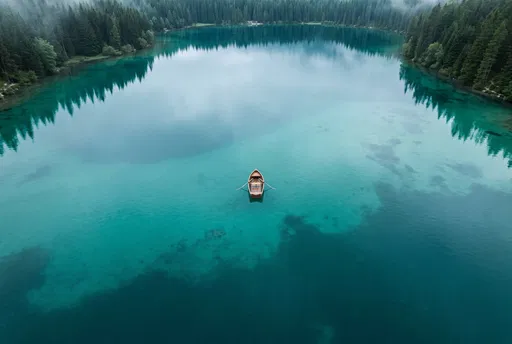 Wooden Rowboat on Turquoise Alpine Lake