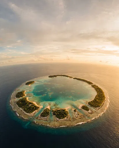 Aerial View of Tropical Atoll at Sunset