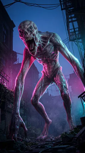Towering Multi-Eyed Monster in Neon Alley