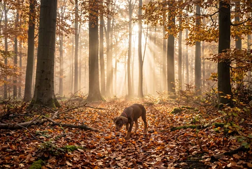 Puppy Exploring Sunlit Autumn Beech Forest