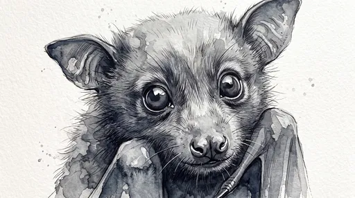 Monochrome Watercolor Baby Fruit Bat Illustration