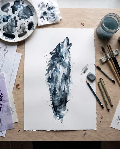 Watercolor Wolf Tattoo Design on Artist Desk