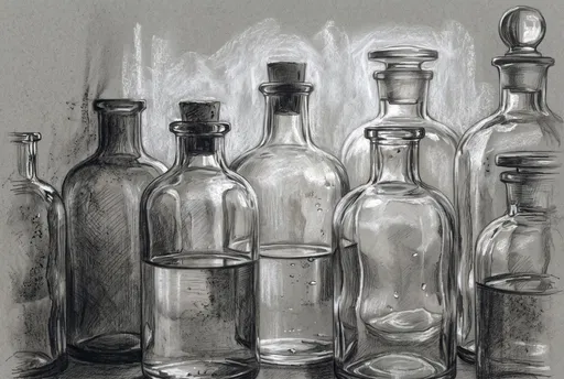 Charcoal Drawing of Glass Apothecary Bottles