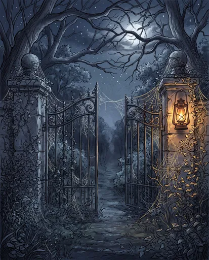 Moonlit Iron Gate With Cobwebs and Lantern