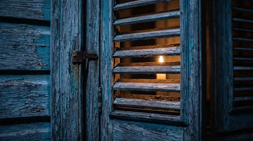 Candlelight Behind Weathered Blue Wooden Shutters