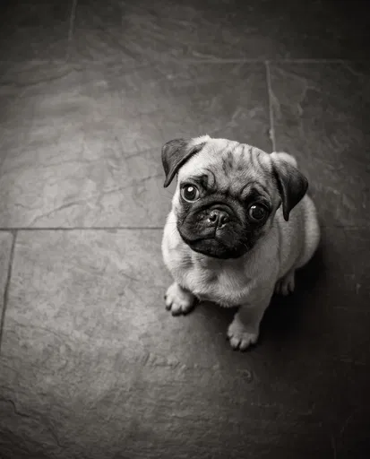 Overhead Monochrome Portrait of Pug Puppy