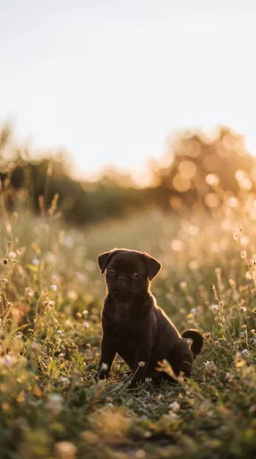 Black Pug Puppy in Golden Meadow