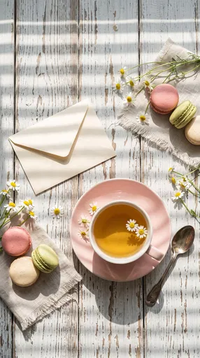 Chamomile Tea and Macarons Flat Lay