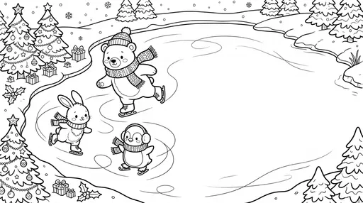 Cute Animals Ice Skating Coloring Page
