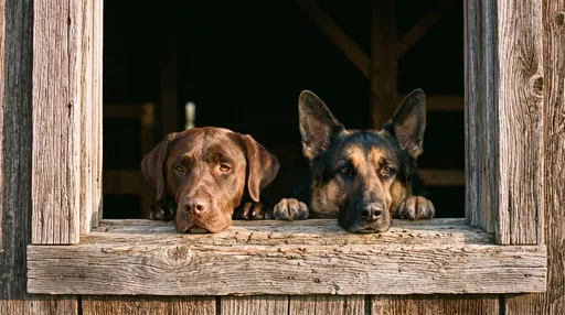 Two Dogs Resting on Barn Window Sill