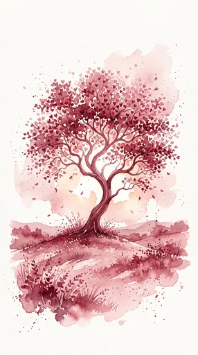 Crimson Watercolor Tree With Heart Leaves