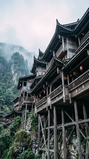 Traditional Wooden Stilt Houses on Misty Cliff