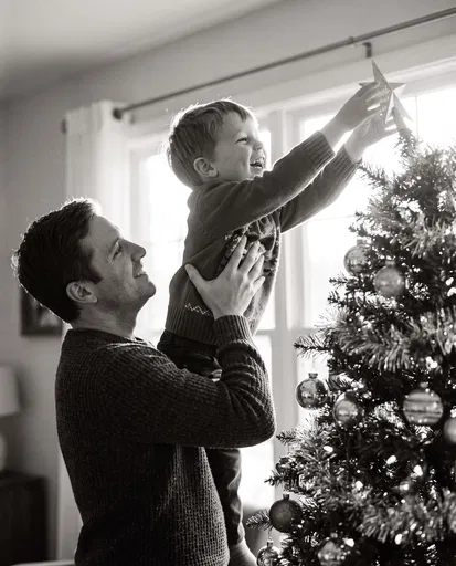 Father Lifting Son to Top Christmas Tree
