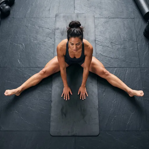 Athletic Woman Doing Wide Straddle Stretch Overhead