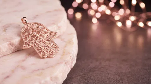 Rose Gold Hamsa Pendant on Pink Marble