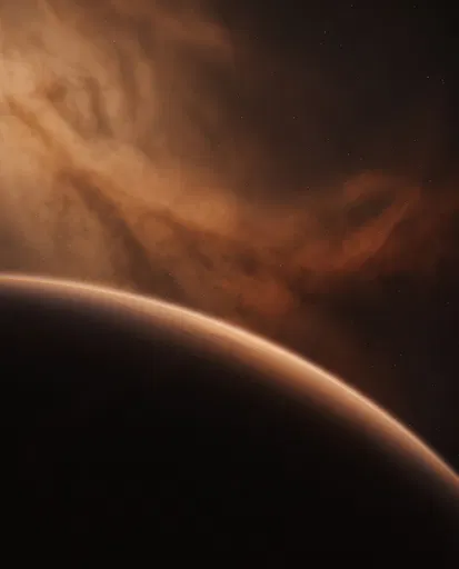 Glowing Exoplanet Curve Against Amber Nebula