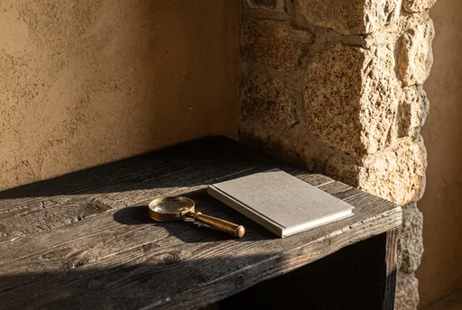 Magnifying Glass and Notebook on Rustic Desk