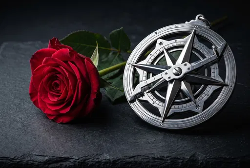 Red Rose Beside Silver Compass Astrolabe