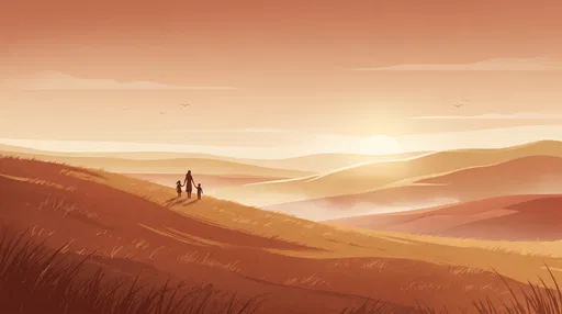 Mother and Children Walking at Sunset