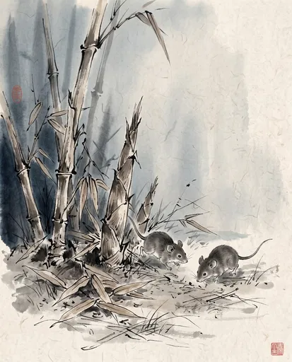 Ink Wash Painting of Two Mice