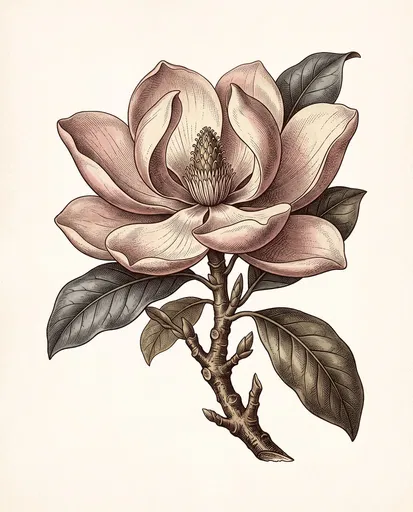 Vintage Botanical Magnolia Blossom Engraving