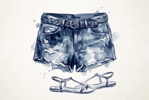 Indigo Watercolor Denim Shorts and Sandals