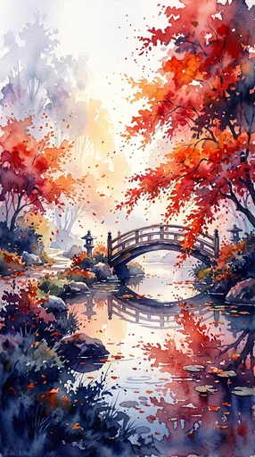 Autumn Garden Bridge Watercolor Illustration