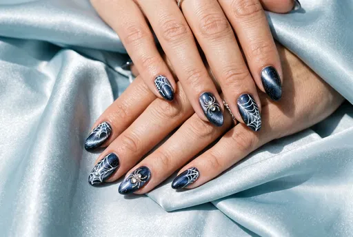 Midnight Blue Halloween Spiderweb Manicure