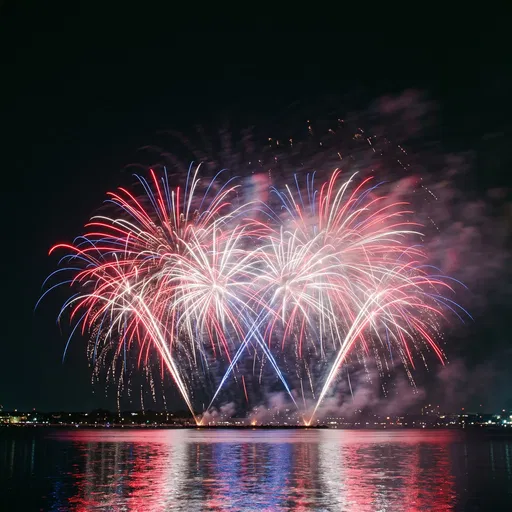 Red White and Blue Fireworks Over Water