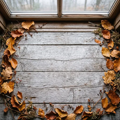Weathered Wood Sill With Autumn Leaves