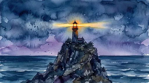 Watercolor Lighthouse on Rocky Sea Cliff