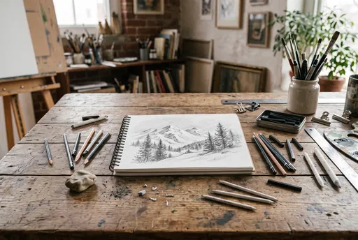 Mountain Landscape Sketch on Artist Desk