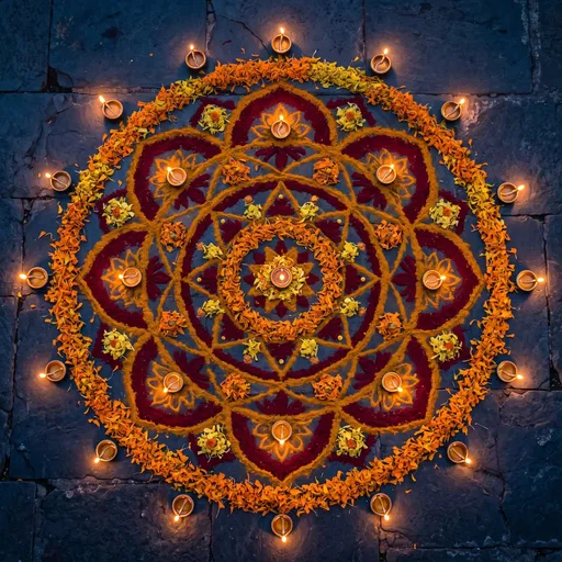 Traditional Floral Rangoli Mandala with Lit Diyas