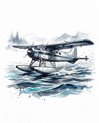Watercolor Floatplane Skimming Across Water