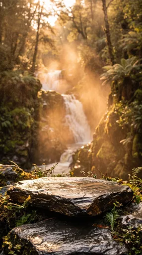 Wet Slate Plinth Before Golden Waterfall