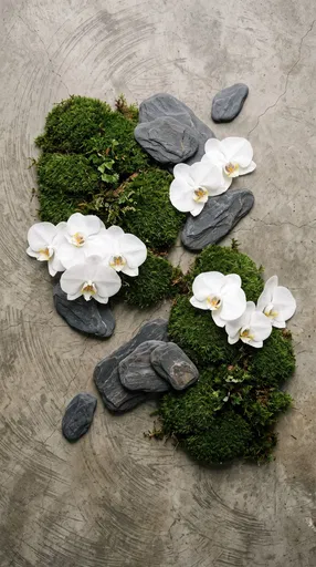 White Orchids and Moss on Concrete