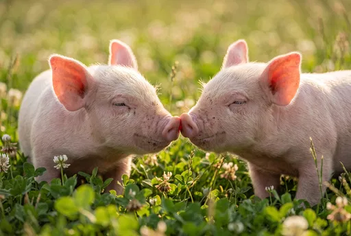 Two Pink Piglets Touching Snouts in Meadow
