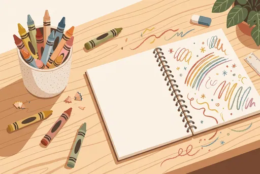 Sketchbook and Crayons on Wooden Desk