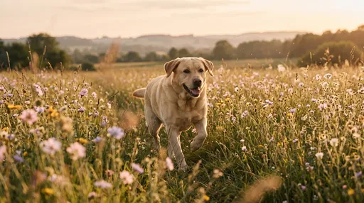 Yellow Labrador Trotting Through Golden Hour Meadow