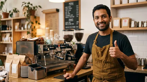Smiling Barista Giving Thumbs Up in Cafe