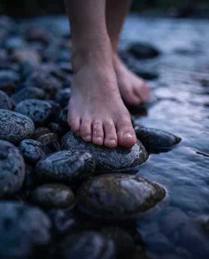 Bare Feet on Wet River Stones