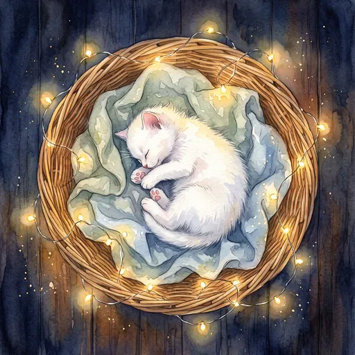 Sleeping White Kitten in Basket Watercolor
