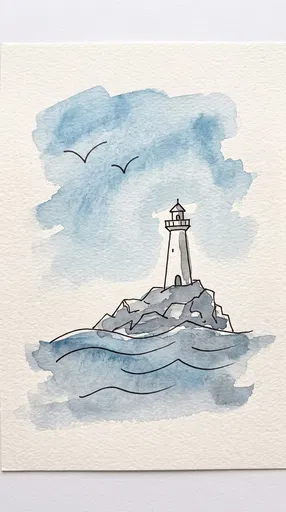 Simple Watercolor Lighthouse on Rocky Island