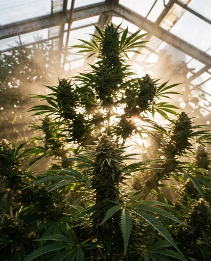 Backlit Flowering Cannabis Plant in Greenhouse