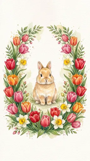 Watercolor Rabbit in Spring Floral Wreath