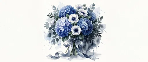 Blue Hydrangea and White Anemone Watercolor Bouquet