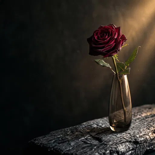 Dark Red Rose on Charred Wood